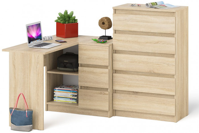 Мори Стол компьютерный МС-16 правый + Комод МК700.5, цвет дуб сонома, ШхГхВ 194,8х84,9х114 см., выдвижные ящики справа, НЕ универсальная сборка