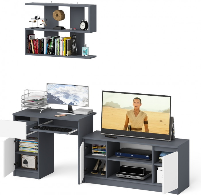 Мори компьютерный стол МС-1 левый + Тумба МТВ1200.1 + Полка 900, графит/белый