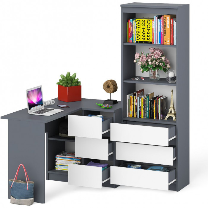 Мори компьютерный стол МС-16 правый + Стеллаж МСТ600.3, графит/белый