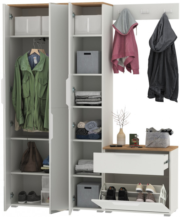 Октава Прихожая 23, цвет белый шагрень/дуб крафт золотой/фасады МДФ белый шагрень, ШхГхВ 161,5х35,4х197,6 см., универсальная сборка