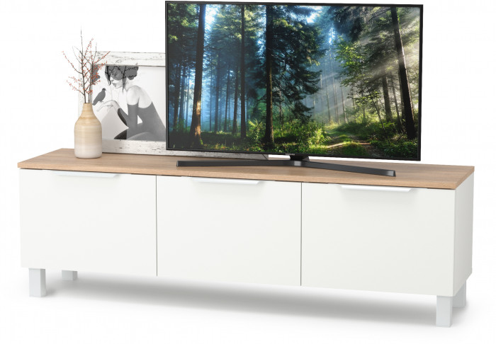 КР100 Тумба под ТВ 13.267.01, цвет белый шагрень/дуб сонома, ШхГхВ 138,4х34,9х43,8 см., универсальная сборка (100)