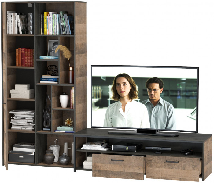 Трувор 13.70 Тумба под ТВ + 13.206 Шкаф-стеллаж, цвет дуб гранж песочный/интра, ШхГхВ 242,8х45,4х194,2 см., универсальная сборка