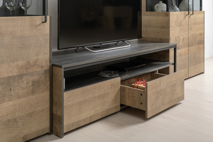 Трувор 13.70 Тумба под ТВ + 13.206 Шкаф-стеллаж, цвет дуб гранж песочный/интра, ШхГхВ 242,8х45,4х194,2 см., универсальная сборка