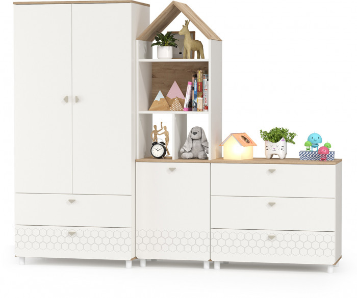 Эйп 13.334 Шкаф для одежды + 13.322 Комод + 13.14 Стеллаж, цвет белый/дуб белый, ШхГхВ 223х51,1х183,8 см., универсальная сборка