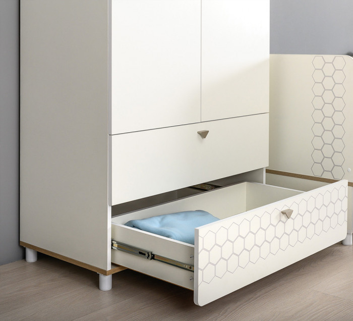 Эйп 13.334 Шкаф для одежды + 13.322 Комод + 13.14 Стеллаж, цвет белый/дуб белый, ШхГхВ 223х51,1х183,8 см., универсальная сборка