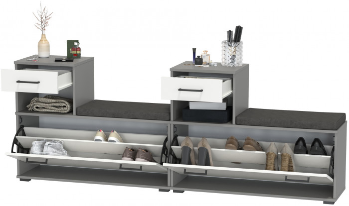 Лира ГК 2-0714+2-0714графбел Тумба под обувь, цвет графит/белый, ШхГхВ 200х33х75,5 см., универсальная сборка