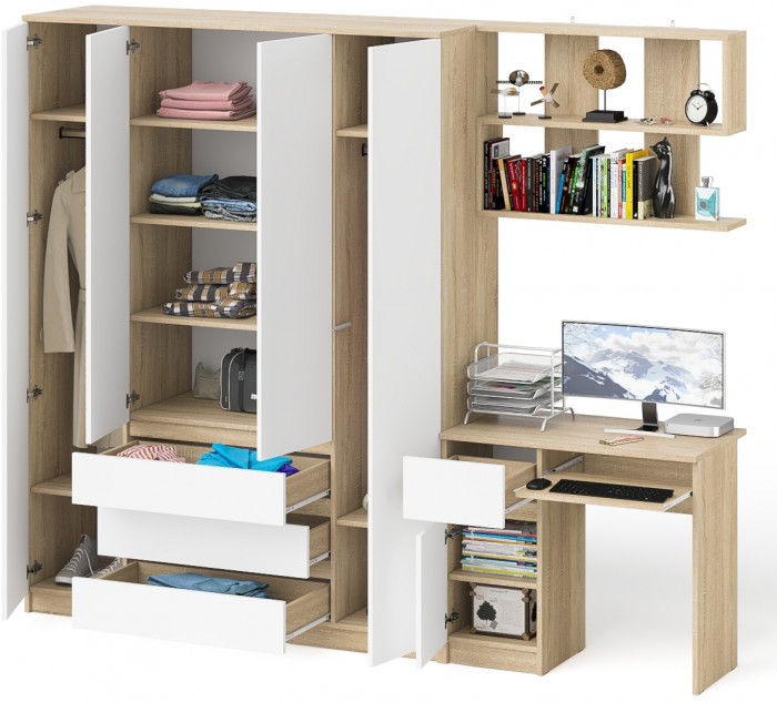 Мори Стол компьютерный МС-1 левый + Шкаф МШ1600.1 + Полка 900, цвет дуб сонома/белый, ШхГхВ 250,4х50,4х209,6 см., НЕ универсальная сборка