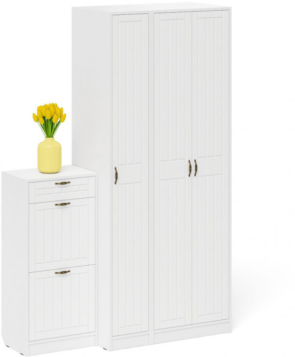 Прихожая П-6 Компоновка № 48, белая шагрень/фасады МДФ белое дерево фрезеровка прованс