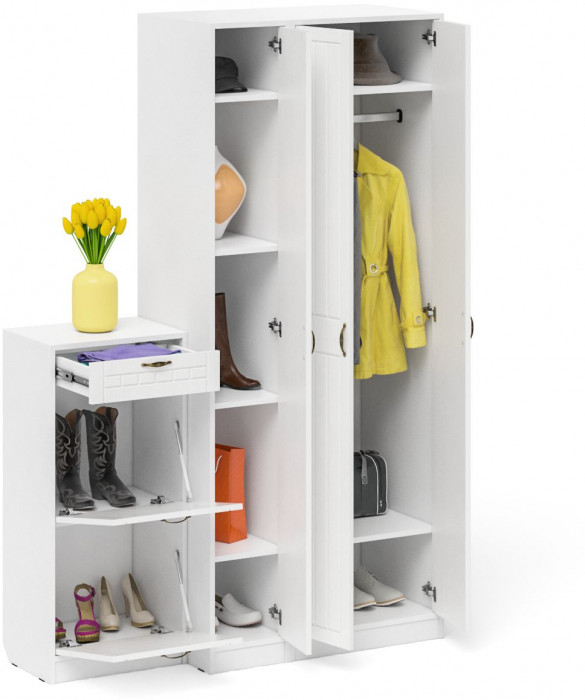 Прихожая П-6 Компоновка № 48, белая шагрень/фасады МДФ белое дерево фрезеровка прованс