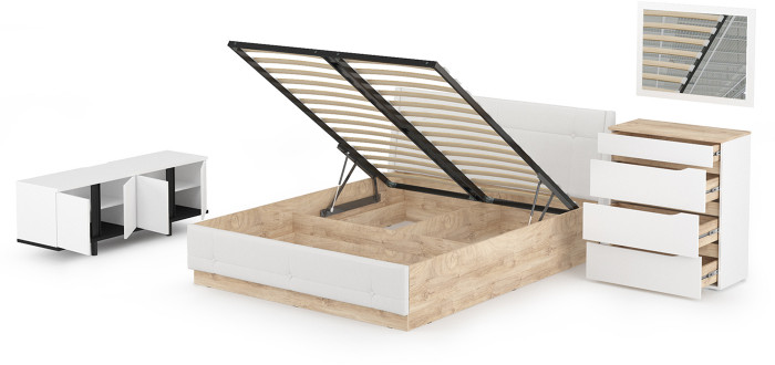Муссон Кровать 11.28 + под. ортопед + 13.97 + Зеркало СВК + Тумба ТВ 13.276, цвет белый/чёрный/дуб эндгрейн элегантный/кожзам белый, 1600х2000 мм, б/м