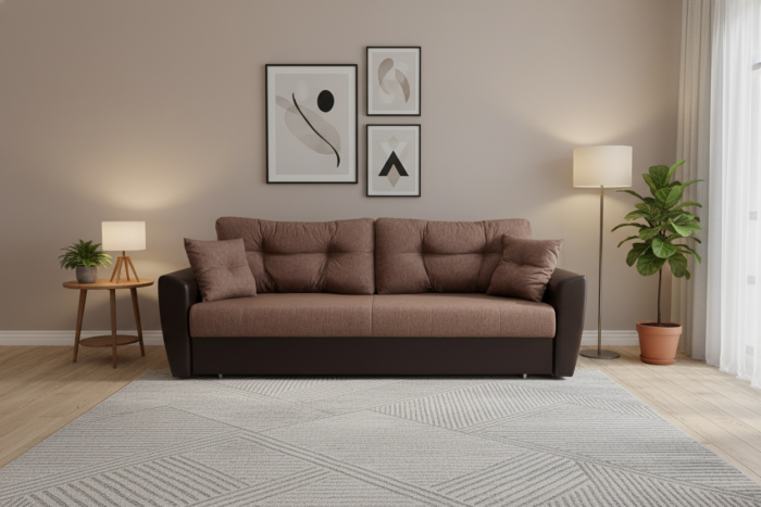 Диван-еврокнижка Амстердам, 160х195, пружинный блок, рогожка/экокожа, коричневый