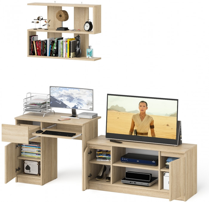 Мори компьютерный стол МС-1 левый + Тумба МТВ1200.1 + Полка 900, дуб сонома