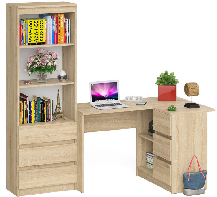 Мори компьютерный стол МС-16 правый + Стеллаж МСТ600.3, дуб сонома