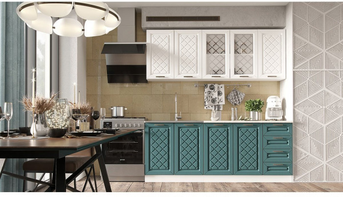 Кухня МДФ Агава 2000 (Акация белая / Аква, Белый)