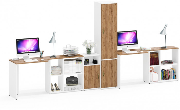 Лидер-8 Стол + Стол + Пенал МД 21Б + Тумба МД 3.19, цвет белый шагрень/крафт золото, ШхГхВ 410х50/37,5х75/190 или 230х160/50х75/190 см., НЕ ун. сб.