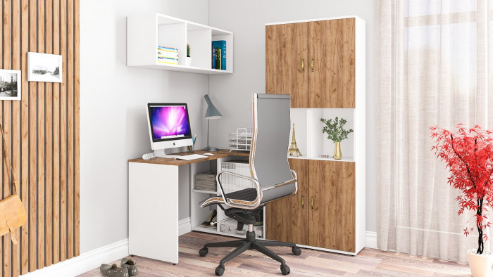 Лидер-8 Стол + Полка + Пенал + Пенал, белый шагрень/крафт золото