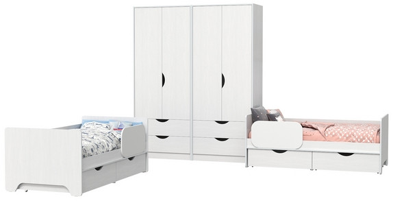 КР100 Уна 11.22 Две кровати с ящиками + 13.327 Два шкафа для одежды, цвет белый(структура Поры дерева), сп. м. 2х800х1600 мм., б/м, основание есть