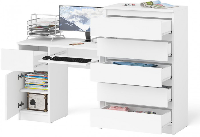 Мори Стол компьютерный МС-1 левый + Комод МК700.5, цвет белый, ШхГхВ 160,4х50х114 см., выдвижной ящик слева, НЕ универсальная сборка