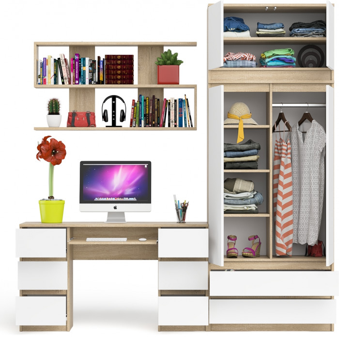 Мори компьютерный стол МС-2 + Шкаф МШ900.1 + Антресоль МА900.1 + Полка 1200, дуб сонома/белый