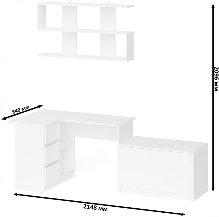 Мори Стол компьютерный МС-16 левый + Тумба МА900.1 + Полка 1200, цвет белый, ШхГхВ 214,8х84,9х209,6 см., НЕ универсальная сборка