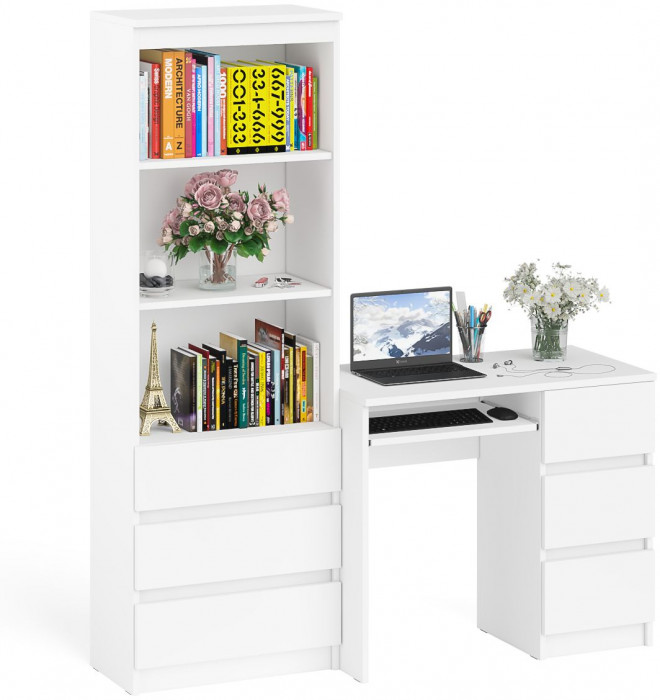 Мори Стол компьютерный МС-6 правый + Стеллаж МСТ600.3, цвет белый, ШхГхВ 150,4х50х179,6 см., выдвижные ящики справа, НЕ универсальная сборка