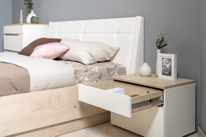 Муссон Кровать 11.28 + под. ортопед + 16.03 + 13.97 + Зеркало СВК + Тумба ТВ 13.276, белый/чёрный/дуб эндгрейн элегантный/кожзам белый, 1600х2000, б/м