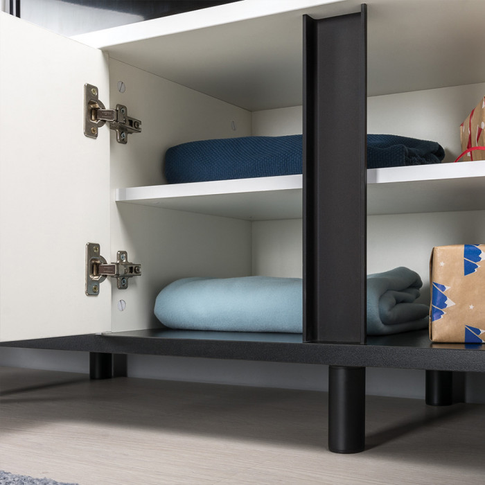 Муссон Кровать 11.28 + под. ортопед + 16.03 + 13.97 + Зеркало СВК + Тумба ТВ 13.276, белый/чёрный/дуб эндгрейн элегантный/кожзам белый, 1600х2000, б/м