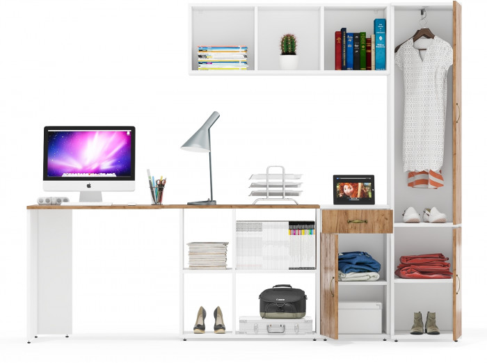 Лидер-8 Стол + Полка + Тумба МД 3.15 + Пенал МД 21Б, белый шагрень/крафт золото