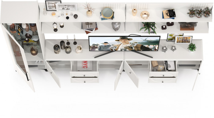 Валенсия Гостиная № 081, цвет ЛДСП белый шагрень/МДФ белый шагрень, ШхГхВ 321,2х38,3х225,2 см., универсальная сборка