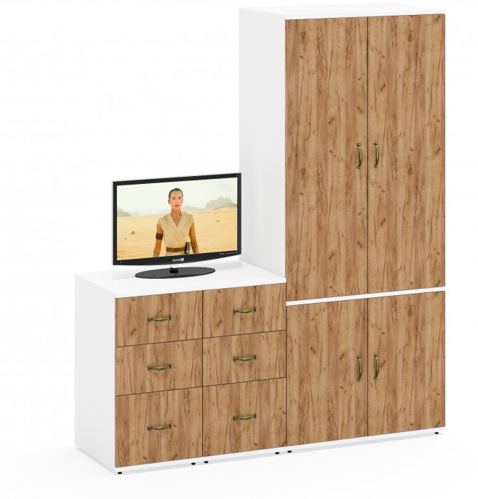 Лидер-8 Шкаф МД 19Б + Тумба МД 3.16 + Тумба МД 3.16, белый шагрень/крафт золото