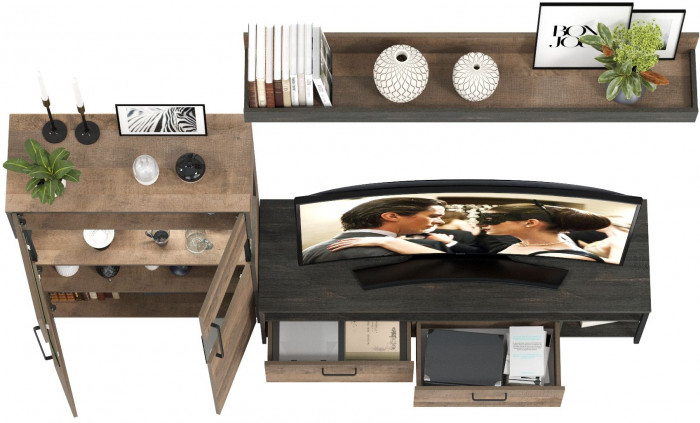 Трувор 13.70 Тумба под ТВ + 13.306 Комод с витриной, цвет дуб гранж песочный/интра, ШхГхВ 235,6х45,4х135,3 см., универсальная сборка