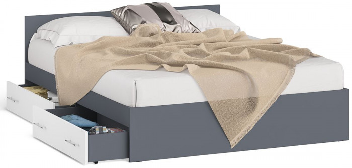 Мори Кровать с ящиками 1600, цвет графит/белый, ШхГхВ 163,5х203,5х70 см., сп.м. 1600х2000 мм., без матраса, основание есть
