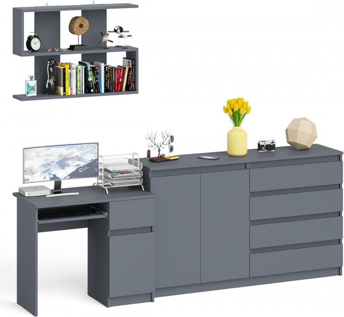 Мори Стол компьютерный МС-1 правый + Комод МК1600.1 + Полка 900, цвет графит, ШхГхВ 250,4х50х209,6 см., НЕ универсальная сборка