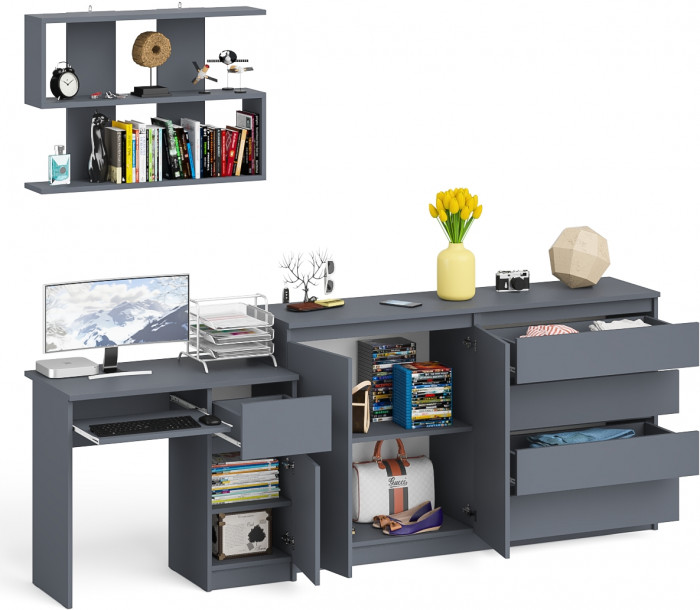 Мори Стол компьютерный МС-1 правый + Комод МК1600.1 + Полка 900, цвет графит, ШхГхВ 250,4х50х209,6 см., НЕ универсальная сборка