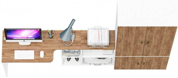 Лидер-8 Стол + Шкаф МД 20Б, цвет белый шагрень/крафт золото, ШхГхВ 245х50/37,5х75/190 или 115х160/50х75/190 см., НЕ универсальная сборка