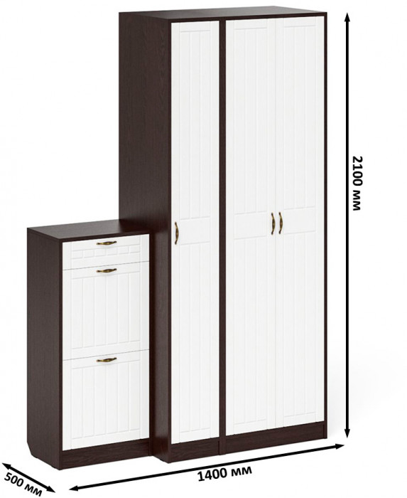 Прихожая П-6 Компоновка № 48, венге/фасады МДФ белое дерево фрезеровка прованс