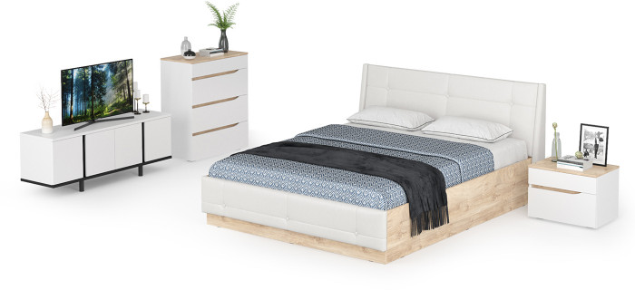 Муссон Кровать 11.28 + под. ортопед + Тумба 16.03 + Комод 13.97 + Тумба ТВ 13.276, белый/чёрный/дуб эндгрейн элегантный/кожзам белый, 1600х2000, б/м