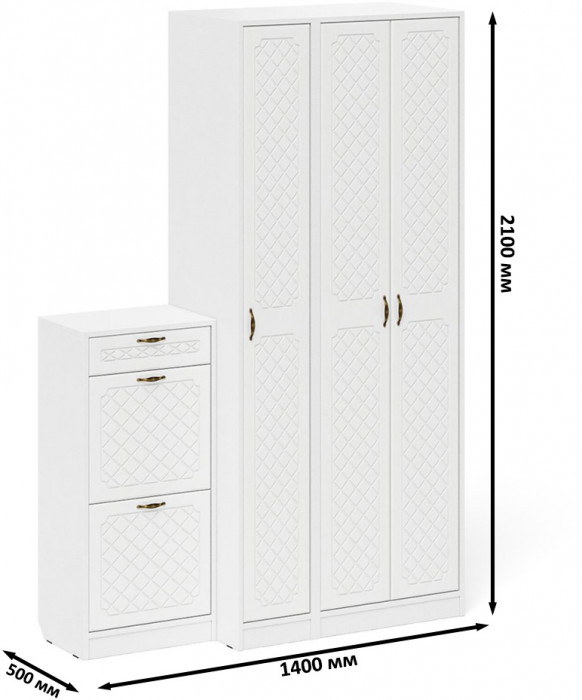 Прихожая П-6 Компоновка № 48, цвет белая шагрень/фасады МДФ белое дерево фрезеровка ромб, ШхГхВ 140х50х210 см., универсальная сборка