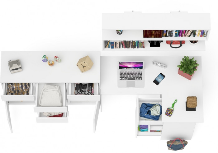 Мори компьютерный стол МС-16 правый + Комод МК1200.4 + Полка 1200, белый