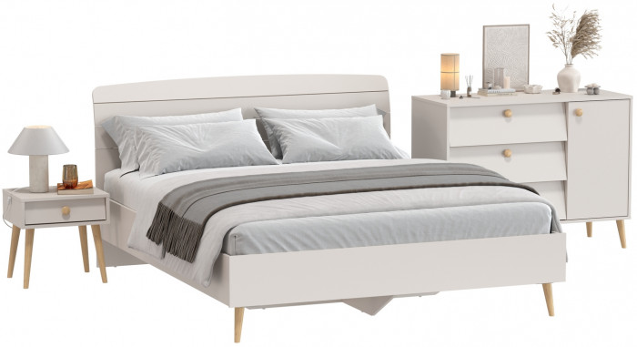 Афина Спальня Кровать 1600 + Комод + Тумба, цвет кашемир серый, ШхГхВ 164,6х210,2х95,6 + 110х45,3х83 + 45х37х45 см., 1600х2000 мм., б/м, осн. есть