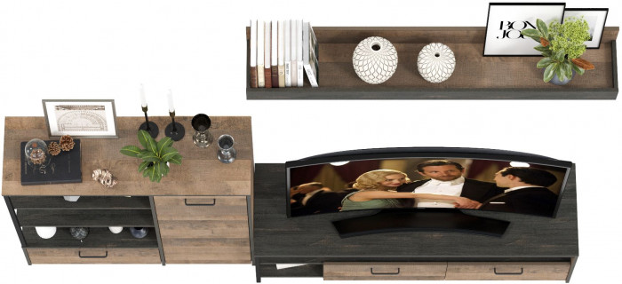 Трувор 13.70 Тумба под ТВ + 13.307.01 Комод + 15.60 Полка, цвет дуб гранж песочный/интра, ШхГхВ 258,8х45,4х195 см., универсальная сборка