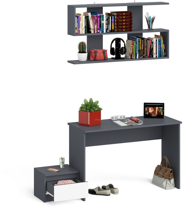 Мори Стол письменный МСП1200.1 + Тумба ТМП400.1 + Полка 1200, цвет графит/белый, ШхГхВ 160,8х50х209,6 см., универсальная сборка