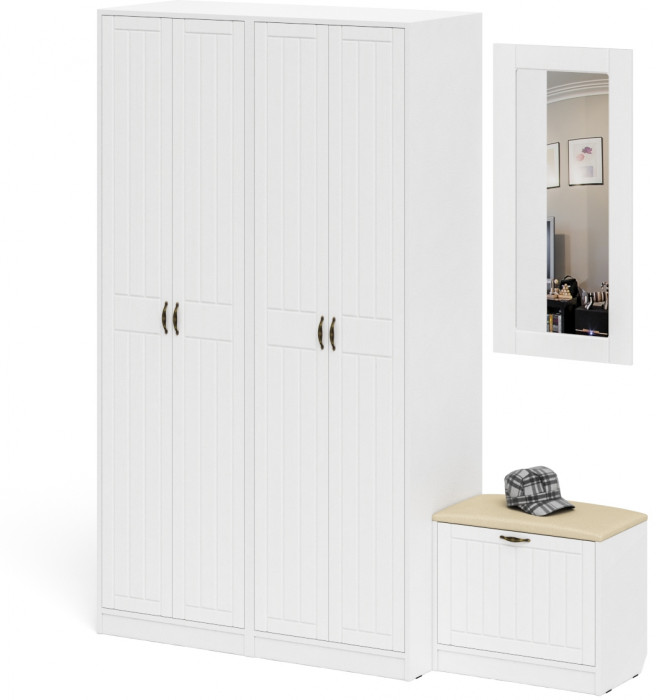 Прихожая П-6 Компоновка № 08, цвет белая шагрень/фасады МДФ белое дерево фрезеровка прованс, ШхГхВ 180х50х210 см., универсальная сборка