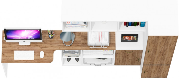 Лидер-8 Стол + Полка + Тумба МД 3.15 + Пенал МД 23Б, белый шагрень/крафт золото