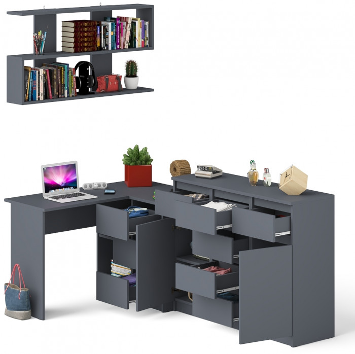 Мори компьютерный стол МС-16 правый + Комод МК1200.4 + Полка 1200, графит